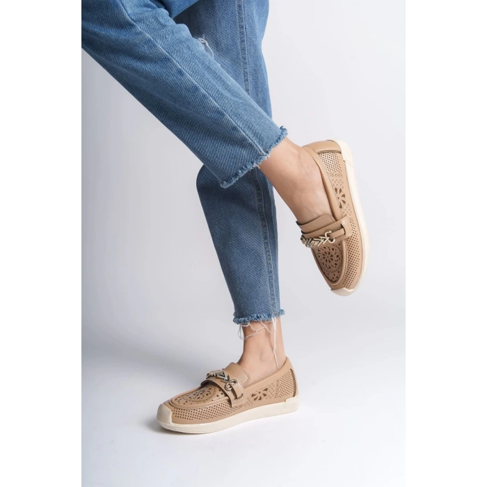 LILY Bağcıksız Ortopedik Rahat Taban Çiçek Desenli Kadın Babet Ayakkabı  CKT - Ten