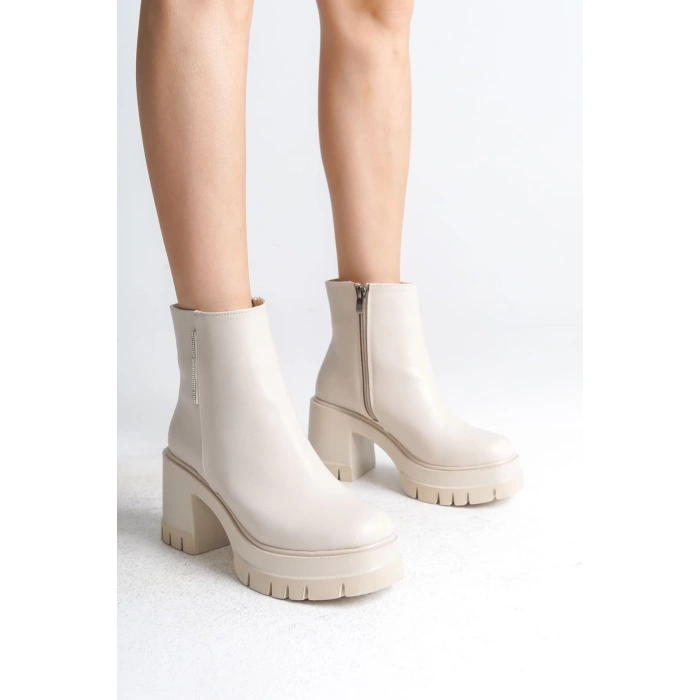 LISSE Fermuarlı Ortopedik Taban Kalın Topuklu Kadın Bot CKT - Krem
