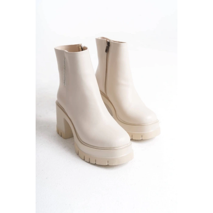 LISSE Fermuarlı Ortopedik Taban Kalın Topuklu Kadın Bot CKT - Krem
