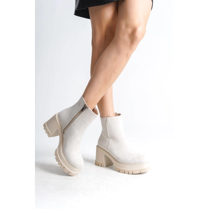 LISSE Fermuarlı Ortopedik Taban Kalın Topuklu Süet Kadın Bot  SKT-  Krem