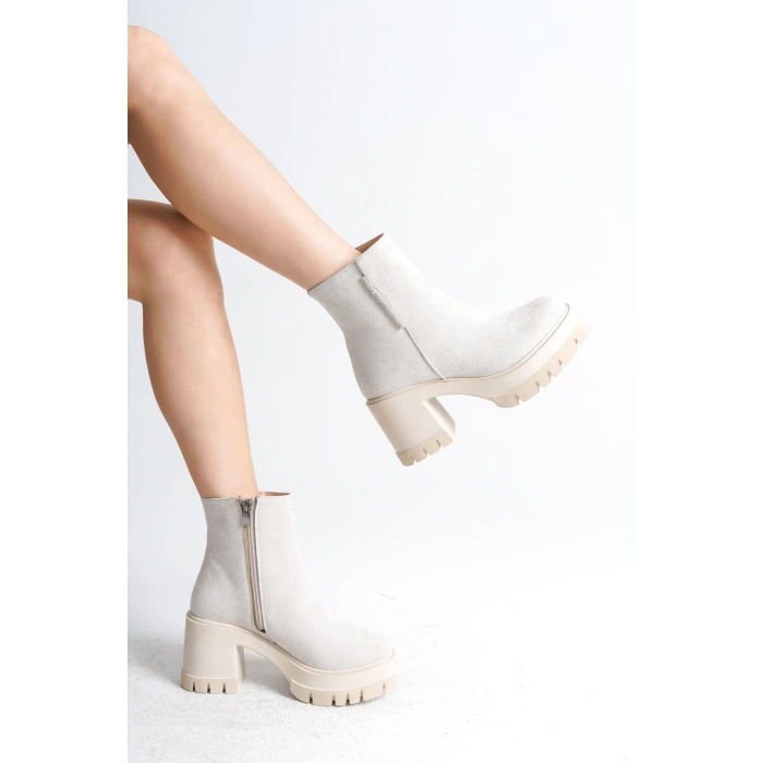 LISSE Fermuarlı Ortopedik Taban Kalın Topuklu Süet Kadın Bot  SKT-  Krem
