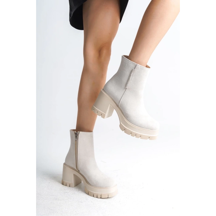 LISSE Fermuarlı Ortopedik Taban Kalın Topuklu Süet Kadın Bot  SKT-  Krem