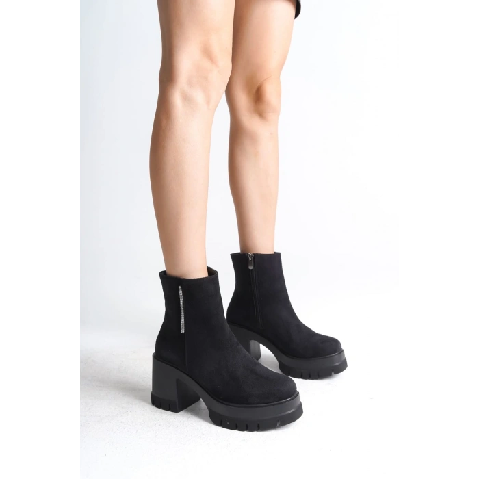 LISSE Fermuarlı Ortopedik Taban Kalın Topuklu Süet Kadın Bot SST - Siyah