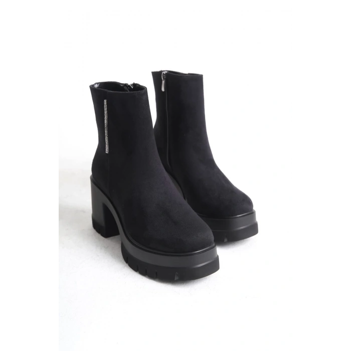LISSE Fermuarlı Ortopedik Taban Kalın Topuklu Süet Kadın Bot SST - Siyah