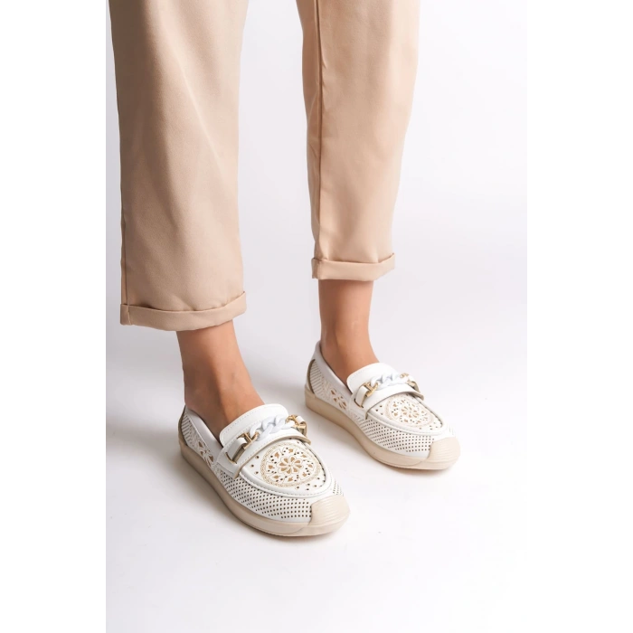 LIZY Bağcıksız Ortopedik Rahat Taban Çiçek Desenli Kadın Babet Ayakkabı  CKT - Beyaz