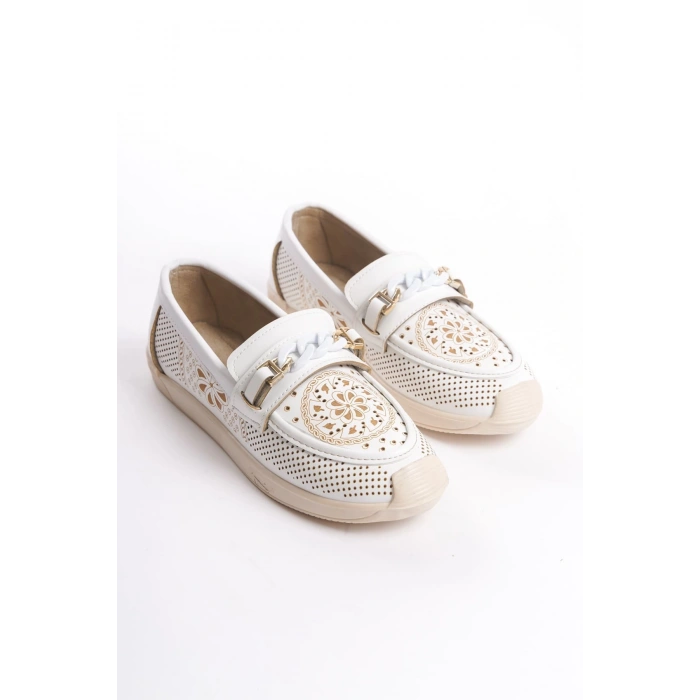 LIZY Bağcıksız Ortopedik Rahat Taban Çiçek Desenli Kadın Babet Ayakkabı  CKT - Beyaz