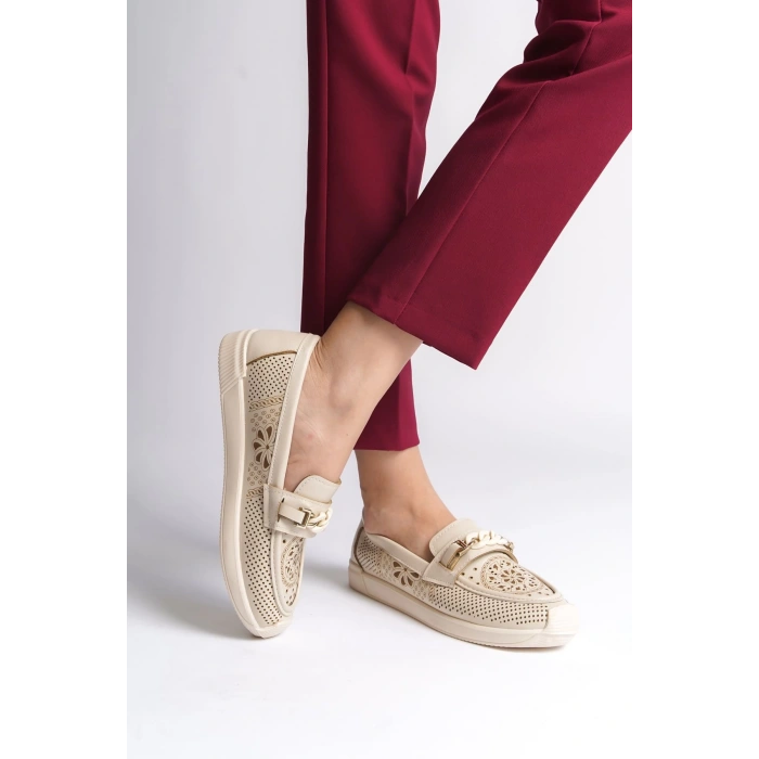 LIZY Bağcıksız Ortopedik Rahat Taban Çiçek Desenli Kadın Babet Ayakkabı  CKT - Krem