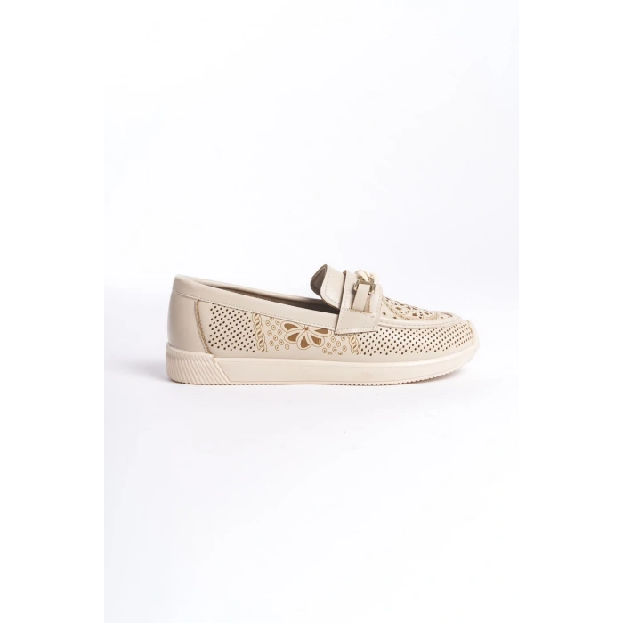 LIZY Bağcıksız Ortopedik Rahat Taban Çiçek Desenli Kadın Babet Ayakkabı  CKT - Krem