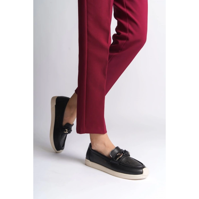 LIZY Bağcıksız Ortopedik Rahat Taban Çiçek Desenli Kadın Babet Ayakkabı  CKT - Siyah