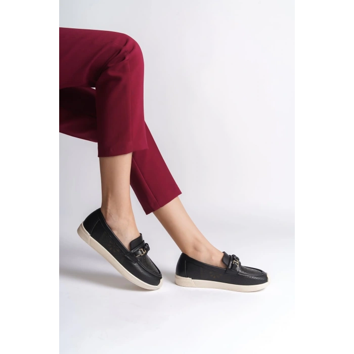 LIZY Bağcıksız Ortopedik Rahat Taban Çiçek Desenli Kadın Babet Ayakkabı  CKT - Siyah