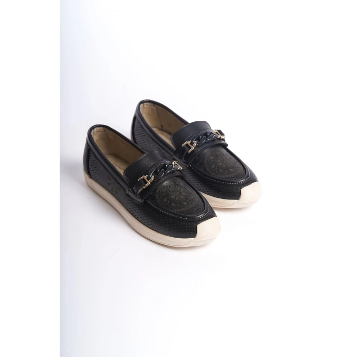 LIZY Bağcıksız Ortopedik Rahat Taban Çiçek Desenli Kadın Babet Ayakkabı  CKT - Siyah