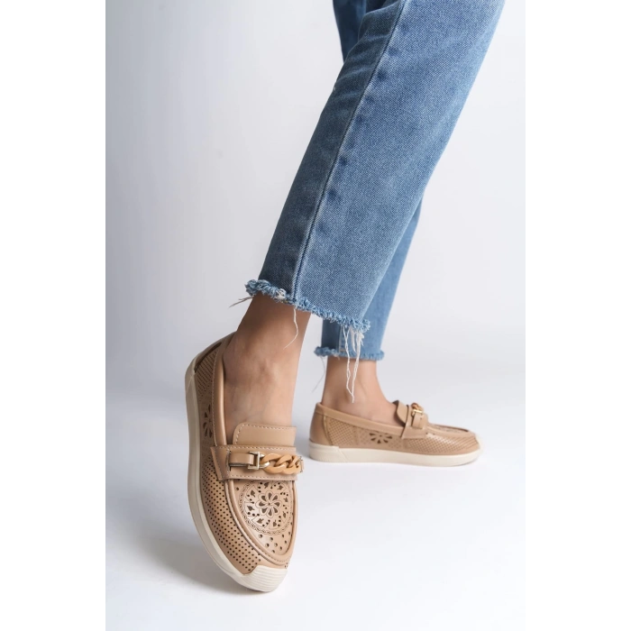 LIZY Bağcıksız Ortopedik Rahat Taban Çiçek Desenli Kadın Babet Ayakkabı CKT - Ten