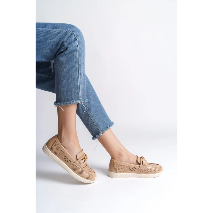 LIZY Bağcıksız Ortopedik Rahat Taban Çiçek Desenli Kadın Babet Ayakkabı CKT - Ten