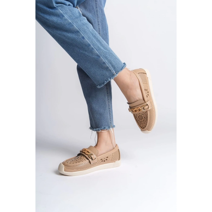 LIZY Bağcıksız Ortopedik Rahat Taban Çiçek Desenli Kadın Babet Ayakkabı CKT - Ten