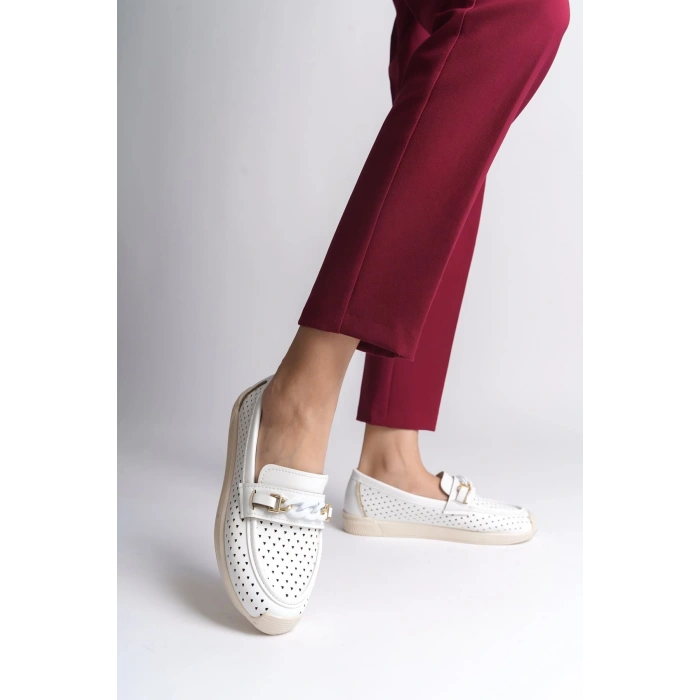 LIZY Bağcıksız Ortopedik Rahat Taban Kalp Desenli Kadın Babet Ayakkabı  CKT - Beyaz