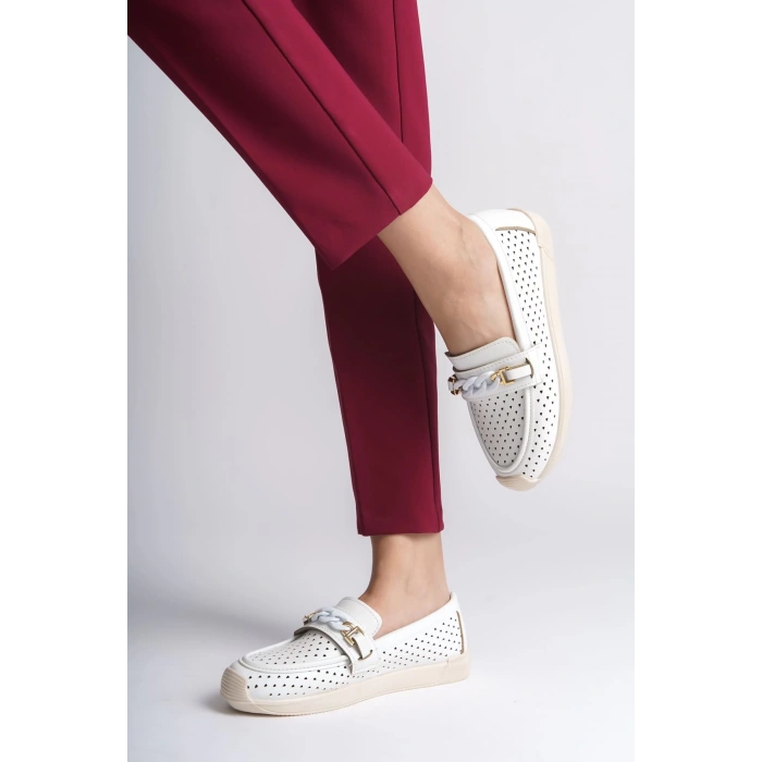 LIZY Bağcıksız Ortopedik Rahat Taban Kalp Desenli Kadın Babet Ayakkabı  CKT - Beyaz