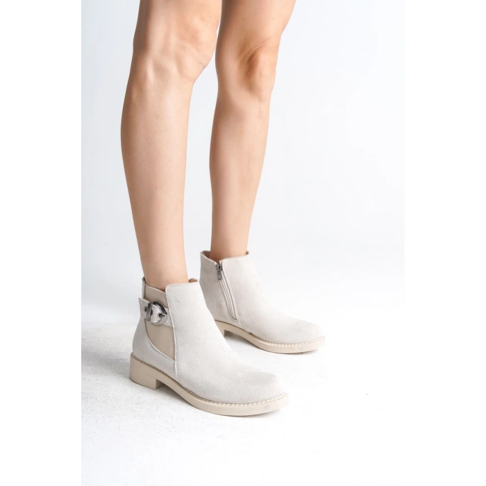 LUNA Fermuarlı Lastikli Ortopedik Taban Topuklu Süet Kadın Bot SKT - Krem