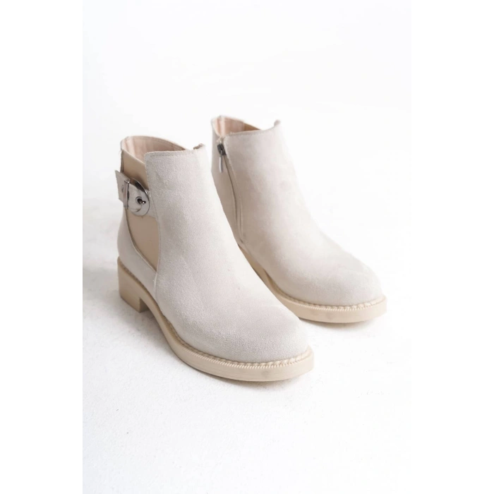 LUNA Fermuarlı Lastikli Ortopedik Taban Topuklu Süet Kadın Bot SKT - Krem