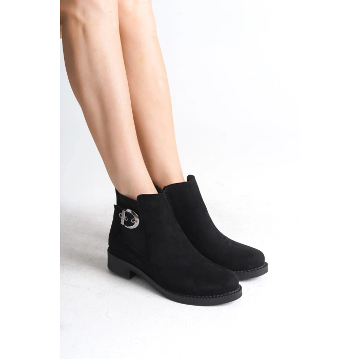 LUNA Fermuarlı Lastikli Ortopedik Taban Topuklu Süet Kadın Bot  SST - Siyah