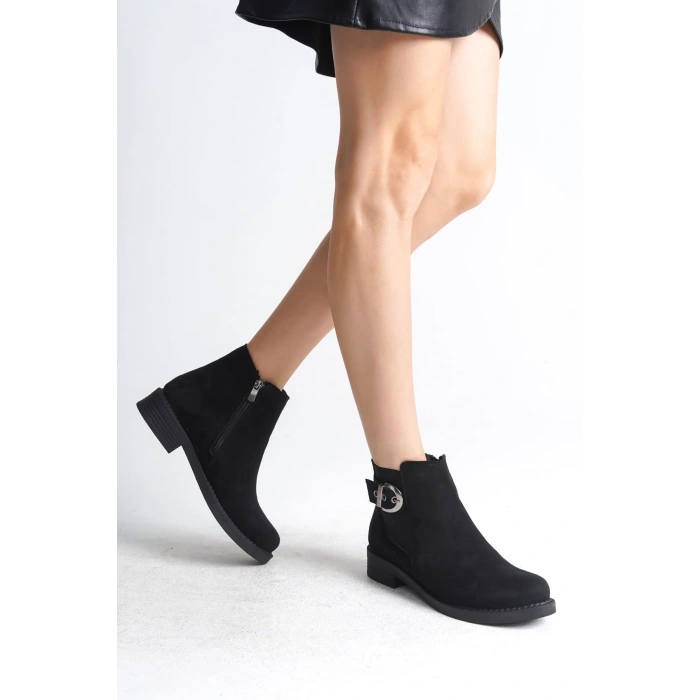 LUNA Fermuarlı Lastikli Ortopedik Taban Topuklu Süet Kadın Bot  SST - Siyah