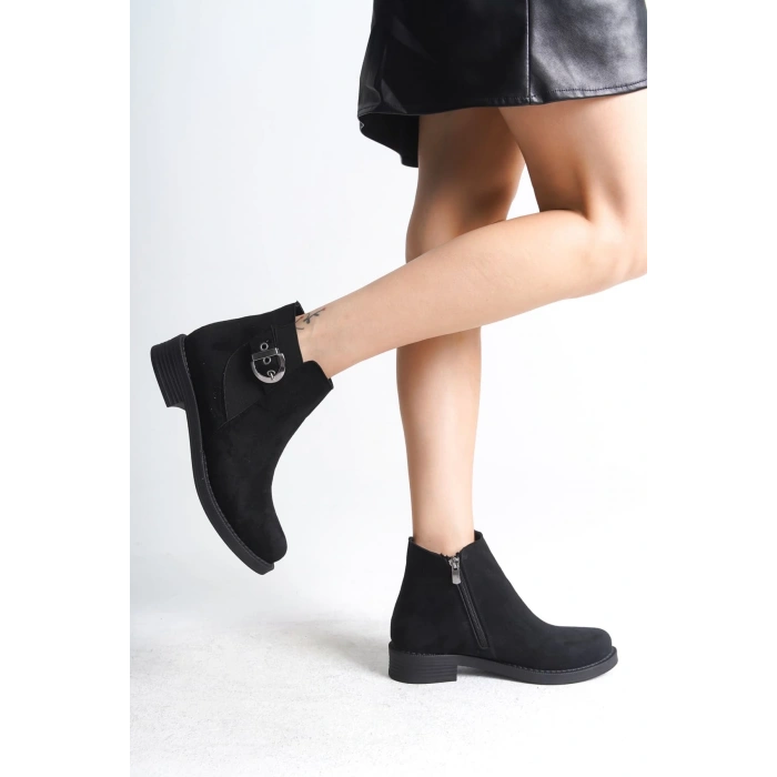 LUNA Fermuarlı Lastikli Ortopedik Taban Topuklu Süet Kadın Bot  SST - Siyah
