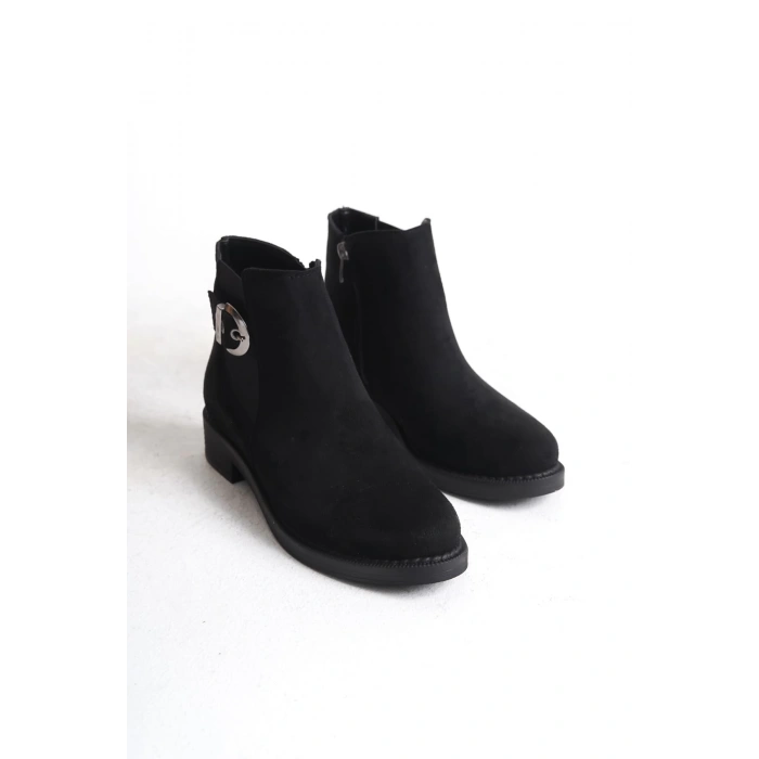 LUNA Fermuarlı Lastikli Ortopedik Taban Topuklu Süet Kadın Bot  SST - Siyah