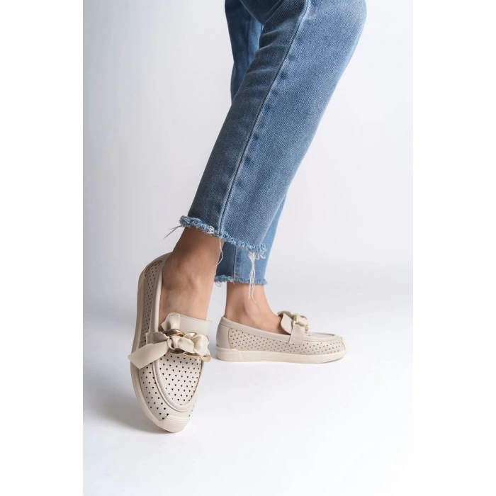 LYDIA Bağcıksız Ortopedik Rahat Taban Kalp Desenli Kadın Babet Ayakkabı  CKT - Krem