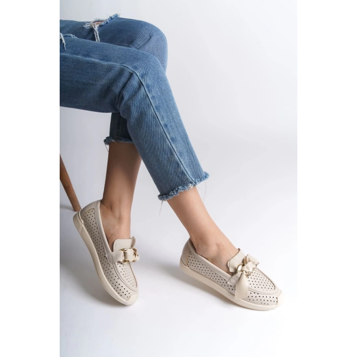 LYDIA Bağcıksız Ortopedik Rahat Taban Kalp Desenli Kadın Babet Ayakkabı  CKT - Krem