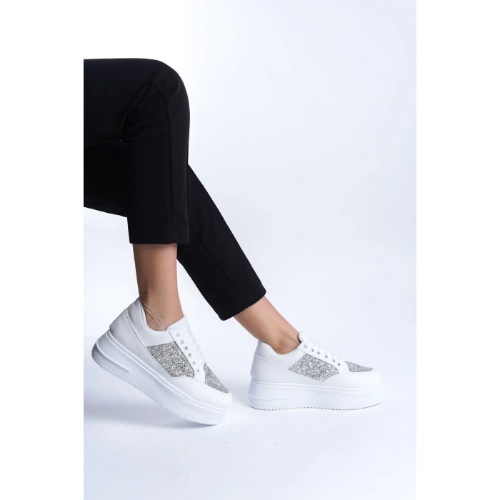 MIPA Bağcıklı Ortopedik Taban Simli Kadın Sneaker Spor Ayakkabı  CBT - Beyaz