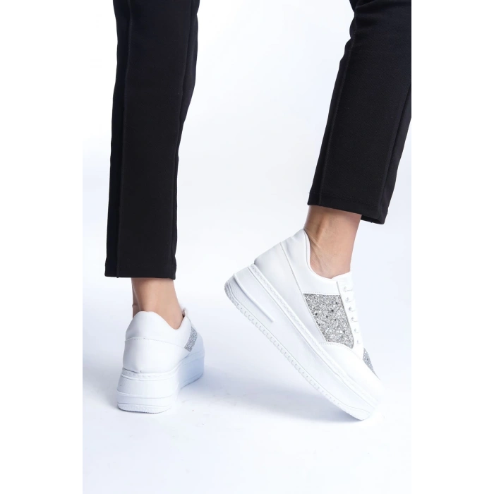 MIPA Bağcıklı Ortopedik Taban Simli Kadın Sneaker Spor Ayakkabı  CBT - Beyaz