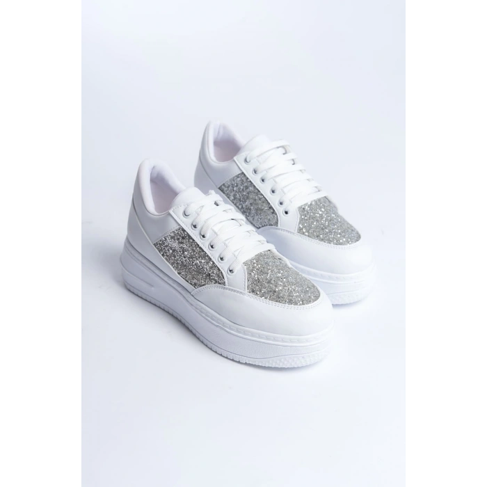 MIPA Bağcıklı Ortopedik Taban Simli Kadın Sneaker Spor Ayakkabı  CBT - Beyaz