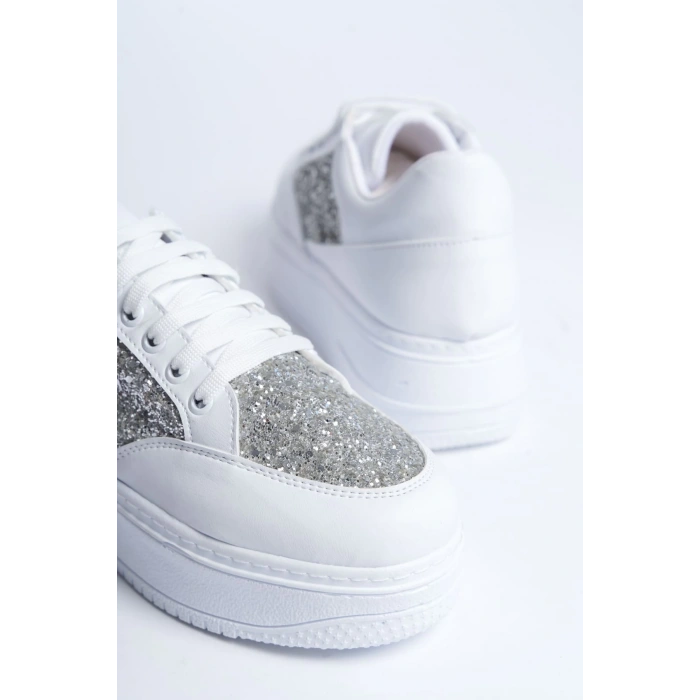 MIPA Bağcıklı Ortopedik Taban Simli Kadın Sneaker Spor Ayakkabı  CBT - Beyaz