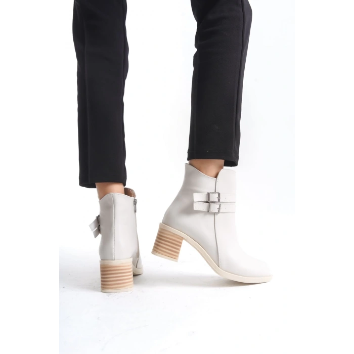 NOEMI Tokalı Fermuarlı Ortopedik Taban Topuklu Kadın Bot  CKT - Krem