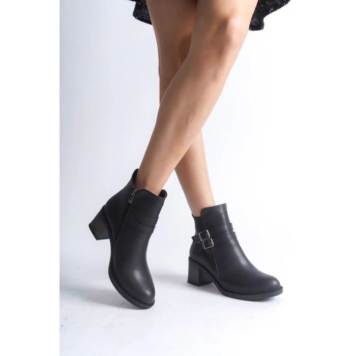 NOEMI Tokalı Fermuarlı Ortopedik Taban Topuklu Kadın Bot  CST - Siyah
