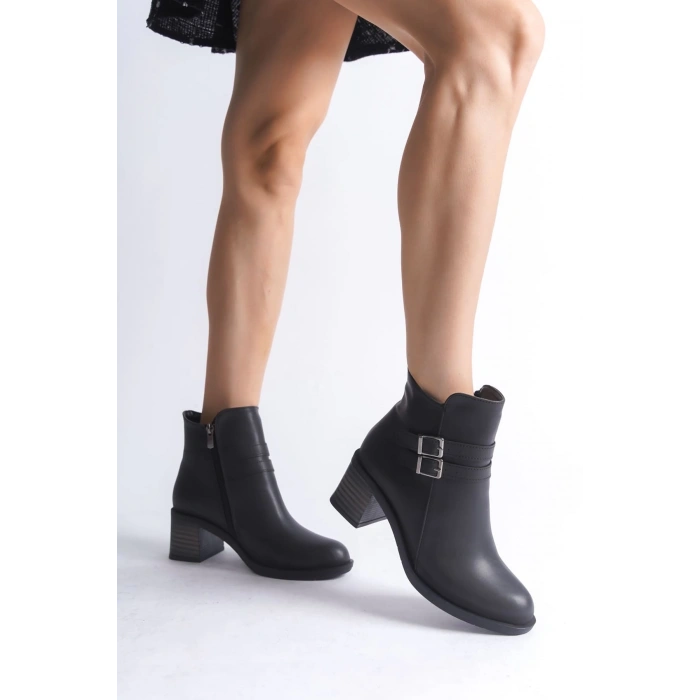 NOEMI Tokalı Fermuarlı Ortopedik Taban Topuklu Kadın Bot  CST - Siyah