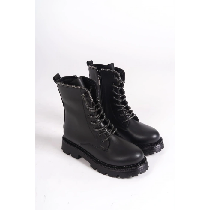 PAMELA Bağcıklı Fermuarlı Ortopedik Taban Taşlı Kadın Bot CST - Siyah