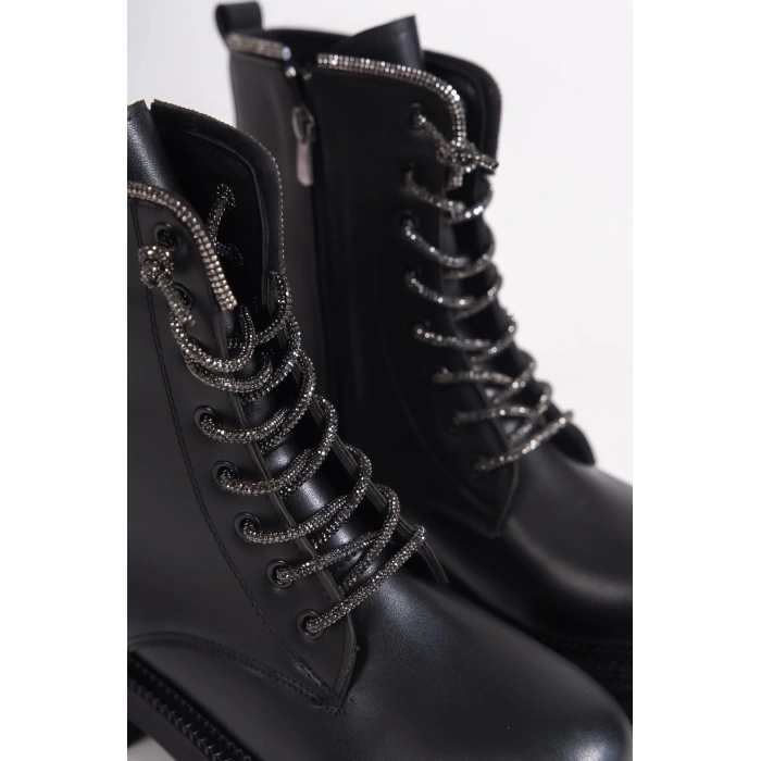 PAMELA Bağcıklı Fermuarlı Ortopedik Taban Taşlı Kadın Bot CST - Siyah