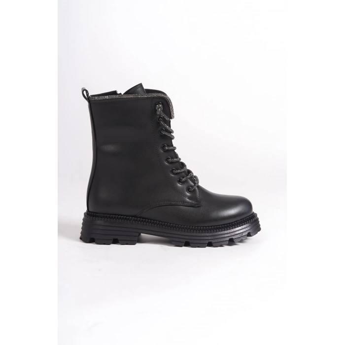 PAMELA Bağcıklı Fermuarlı Ortopedik Taban Taşlı Kadın Bot CST - Siyah