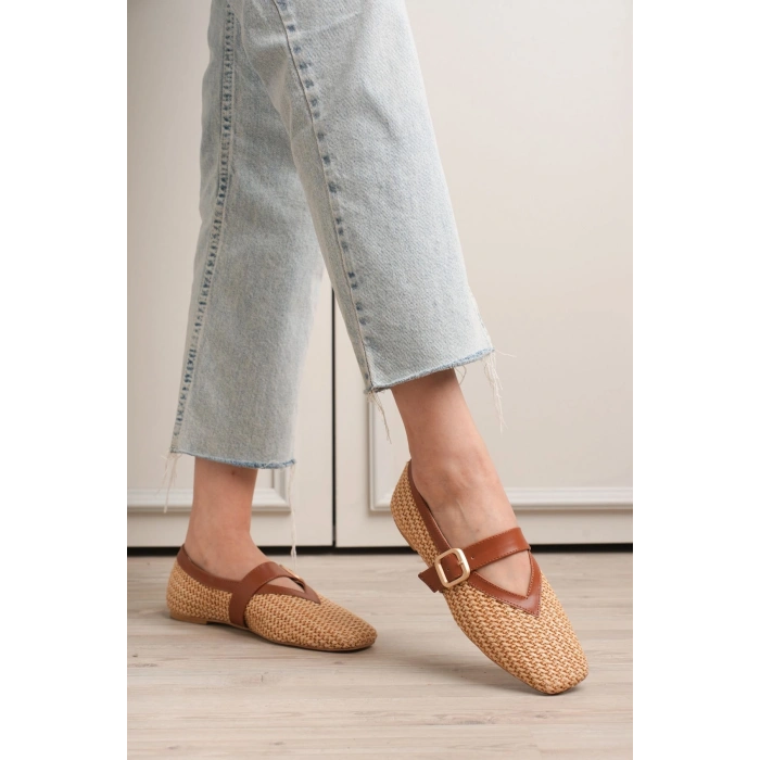 Ponti Bej Cilt Hasır Detaylı Babet Ayakkabı