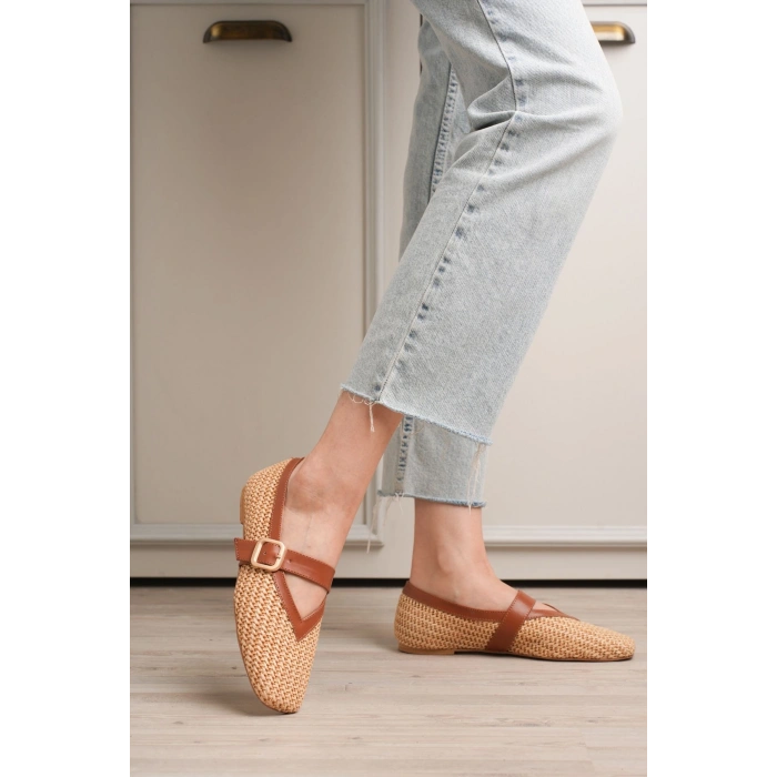 Ponti Bej Cilt Hasır Detaylı Babet Ayakkabı