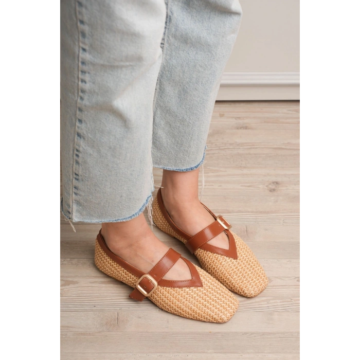 Ponti Bej Cilt Hasır Detaylı Babet Ayakkabı