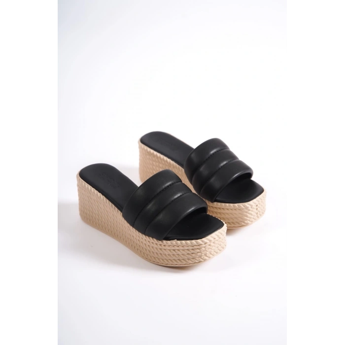 REINA Dolgu Topuklu Ortopedik Taban Hasır Görünümlü Kadın Terlik CKT - Siyah