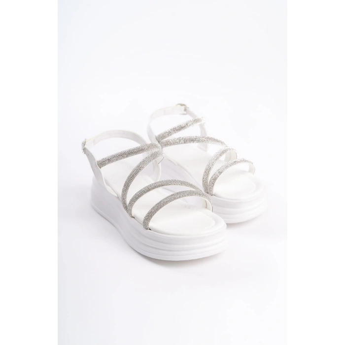RILEY İnce Tokalı Taşlı Şeritli Ortopedik Taban Kadın Sandalet CBT - Beyaz