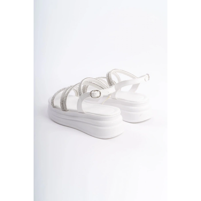 RILEY İnce Tokalı Taşlı Şeritli Ortopedik Taban Kadın Sandalet CBT - Beyaz