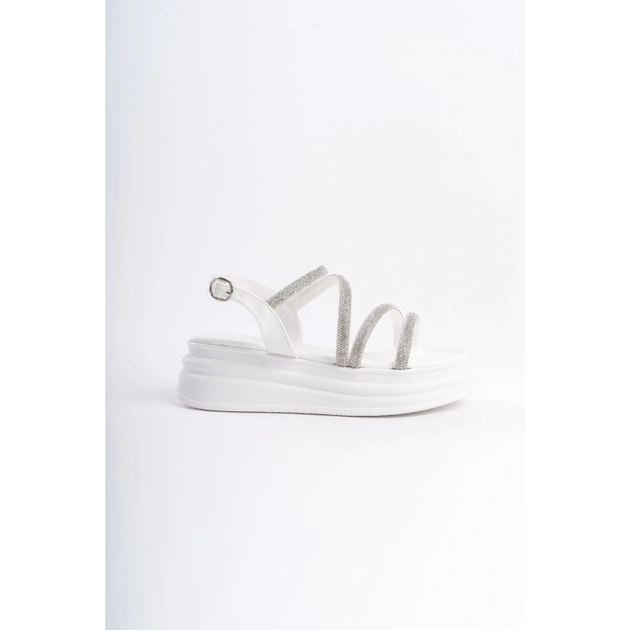 RILEY İnce Tokalı Taşlı Şeritli Ortopedik Taban Kadın Sandalet CBT - Beyaz