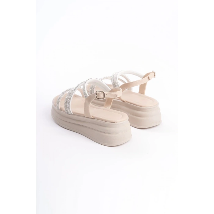 RILEY İnce Tokalı Taşlı Şeritli Ortopedik Taban Kadın Sandalet  CKT - Krem