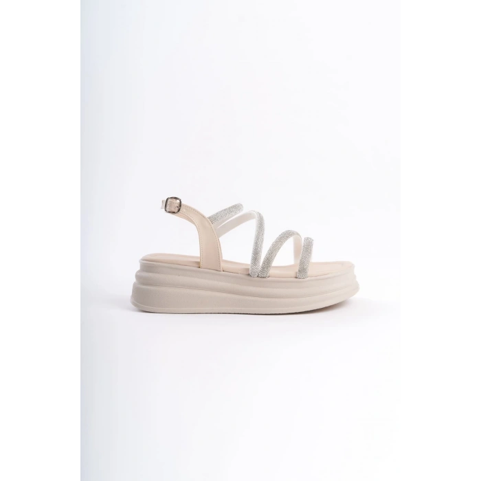 RILEY İnce Tokalı Taşlı Şeritli Ortopedik Taban Kadın Sandalet  CKT - Krem