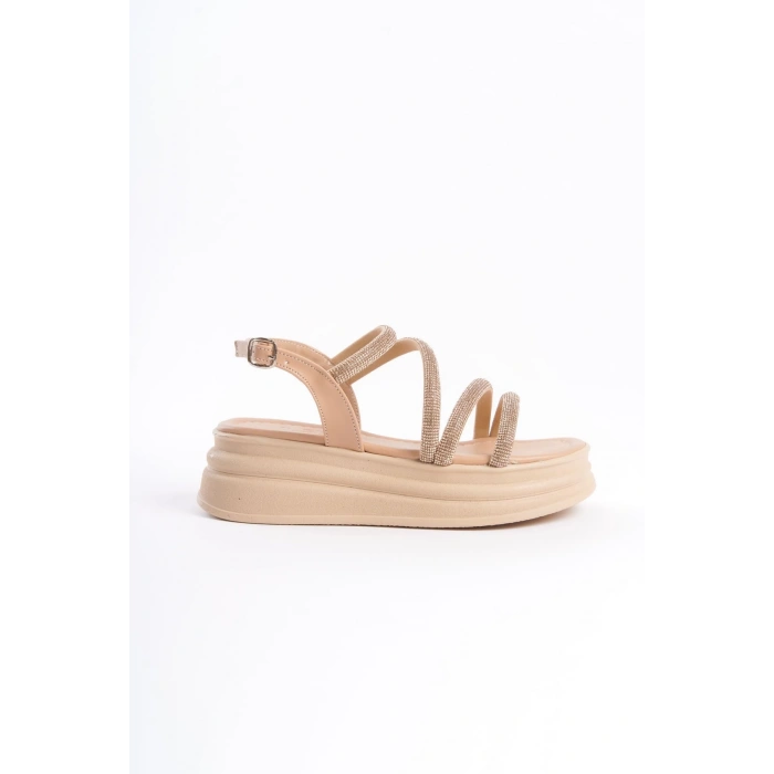 RILEY İnce Tokalı Taşlı Şeritli Ortopedik Taban Kadın Sandalet CTT - Ten