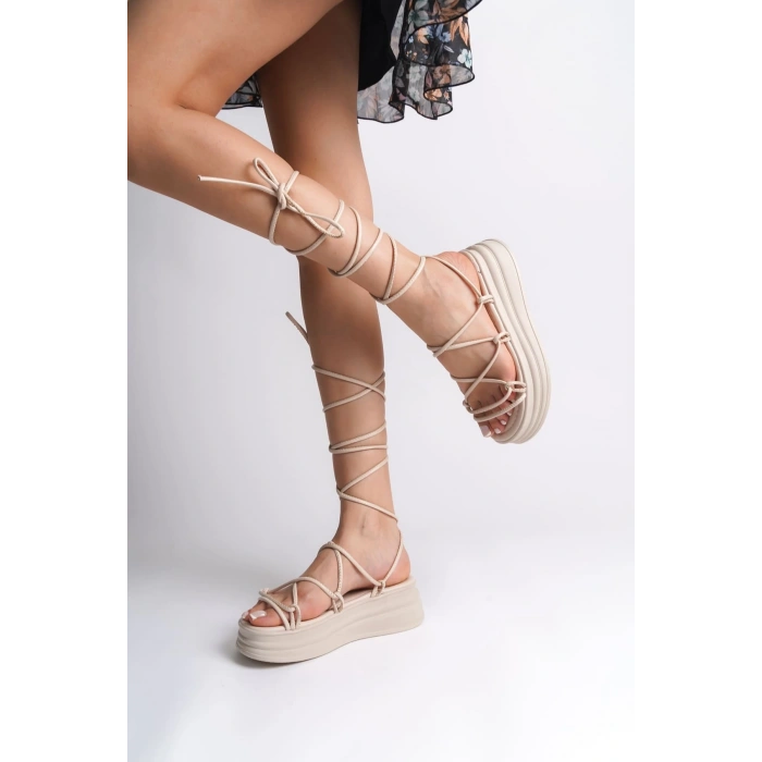 SAMANTHA Bilekten Bağlamalı Ortopedik Taban Kadın Terlik  CKT - Krem