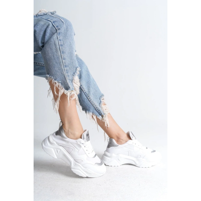 TOKYO Bağcıklı Ortopedik Taban Triko Detaylı Kadın Spor Ayakkabı  TBT - Beyaz/Gri